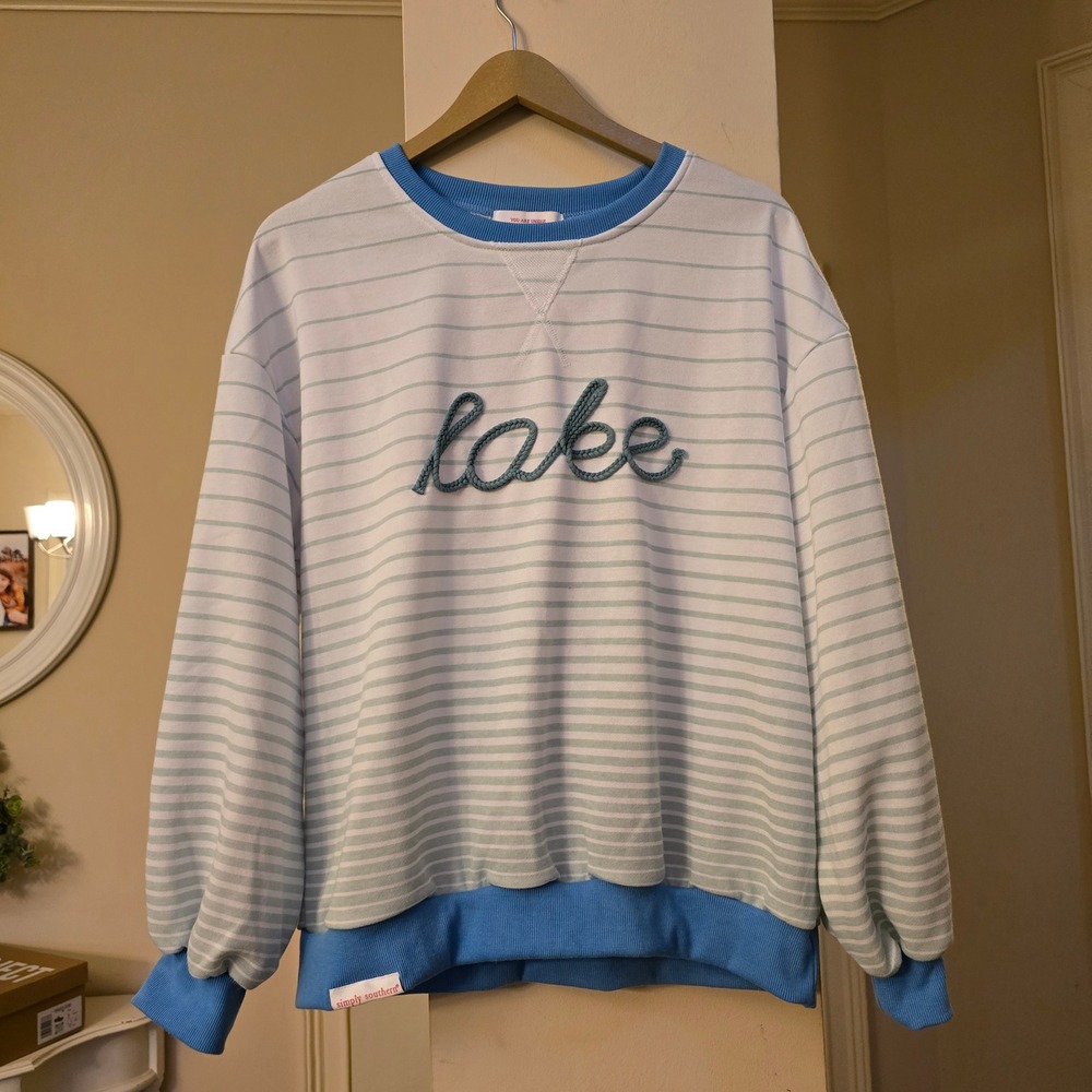 Simply Southern Lake Rope Script Striped Sweatshirt Blue White Women Size Small